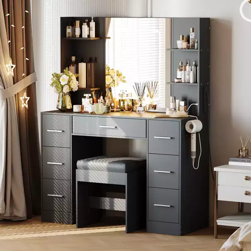 43 Inch Vanity Desk with Mirror and LED Light 7 Drawers Shelves Hairdryer Rack Makeup Table for Bedroom