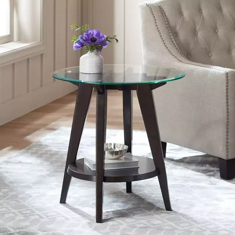 55 Downing Street Farmhouse Wood Round Accent Table 24 Wide with Shelf Dark Brown Tempered Glass Tabletop Living Room Home House