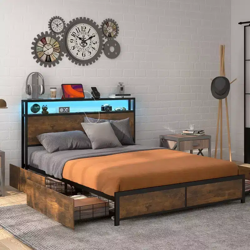 Costway Full/Queen Industrial Platform Bed Frame with Storage Drawers & LED Lights Headboard