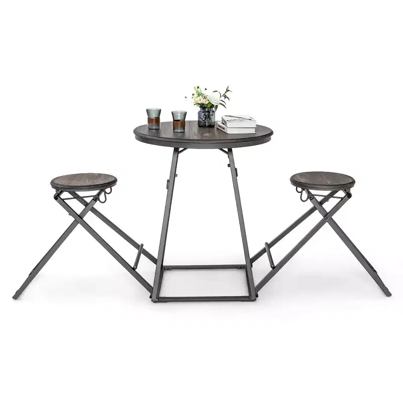 Costway 3-Piece Bar Table Set Round Pub Dining Table & 2 Foldable Stools w/ Metal Frame