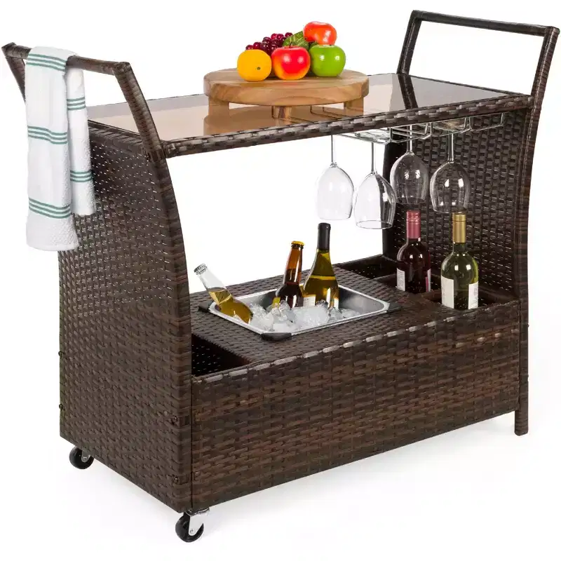 Wicker Outdoor Rolling Bar Cart w/ Ice Bucket, Glass Countertop, Glass Holders, Storage - Brown