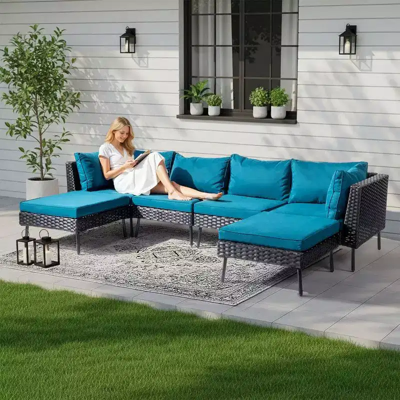 Karl Home Patio 6-Piece Black Wicker Sectional Sofa with Malachite Green Cushions