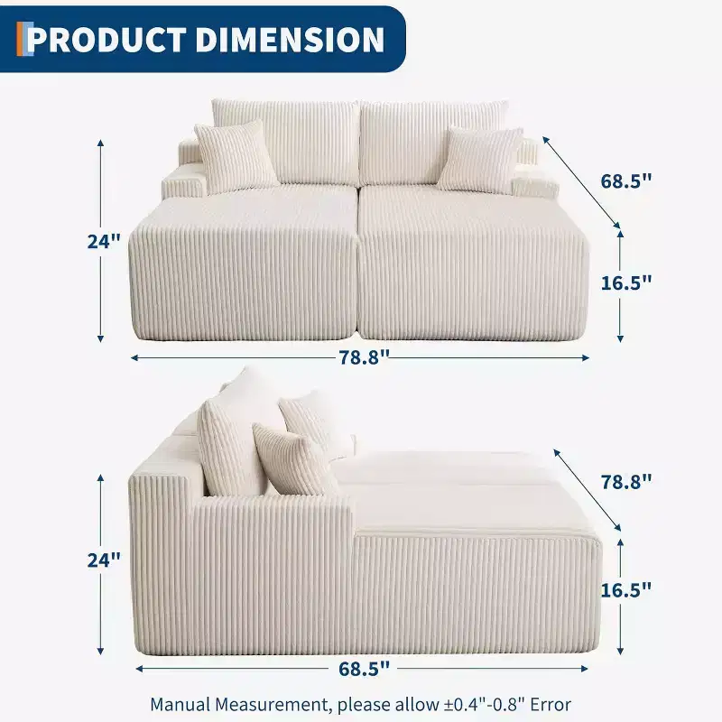 Oversized Chaise Lounge Chair, 79 x 69 Double Cloud Corduroy Sleeper Sofa with Armrests & 4 Pillows, Deep Seat, No Assembly