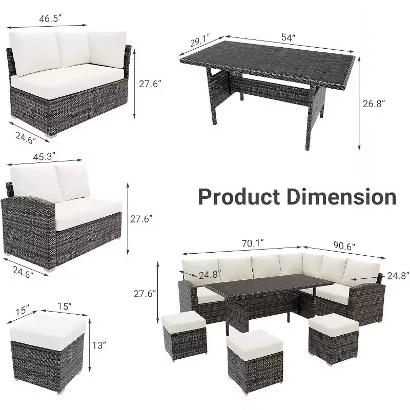 Acekool 7-Piece Outdoor Patio Furniture Set with Grey PE Rattan, Cushions & Glass Table for Porch, Balcony & Backyard
