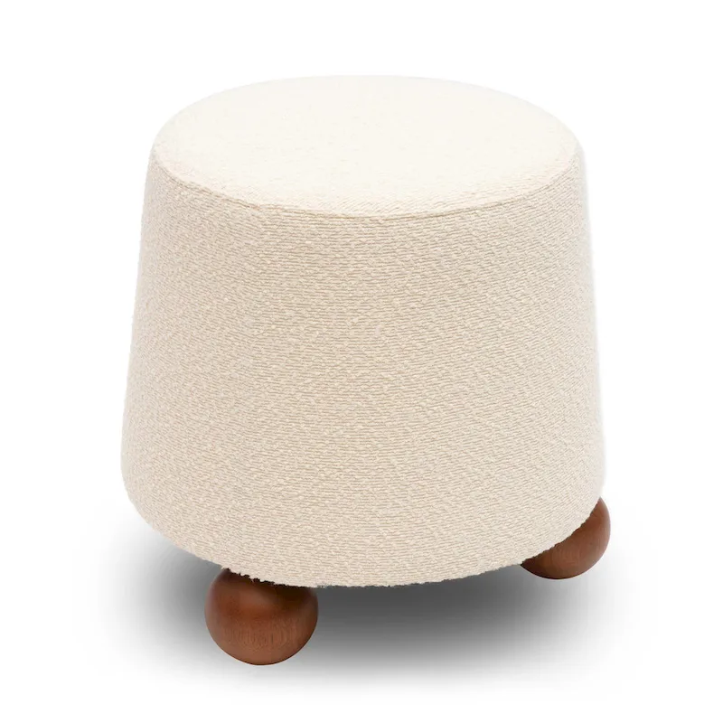 Boucle Upholstered Stool with Solid Wood Legs