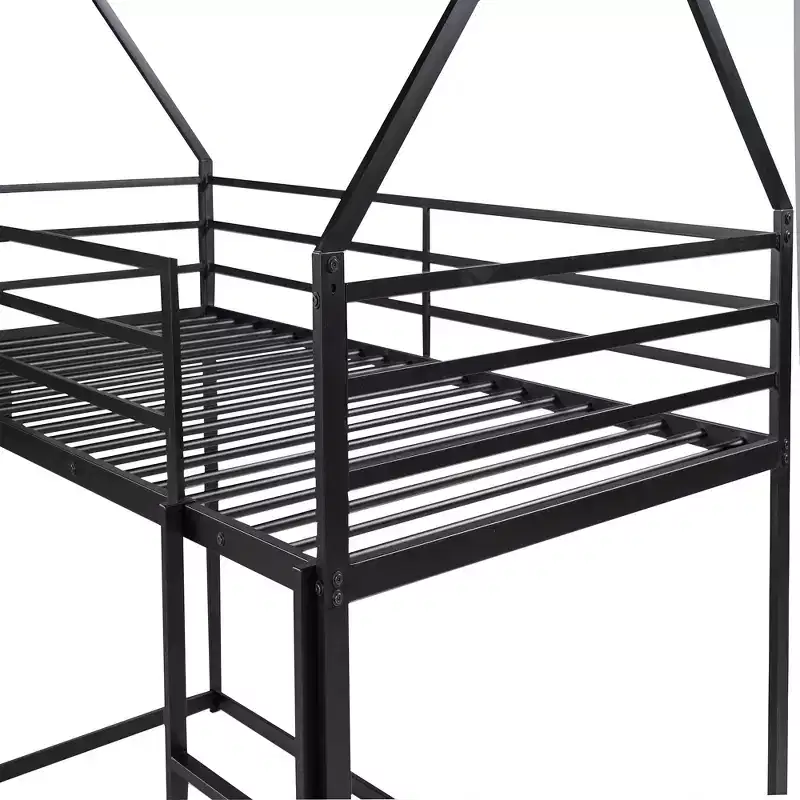Twin over Twin Metal House Bunk Bed with Convertible Slide and Ladder
