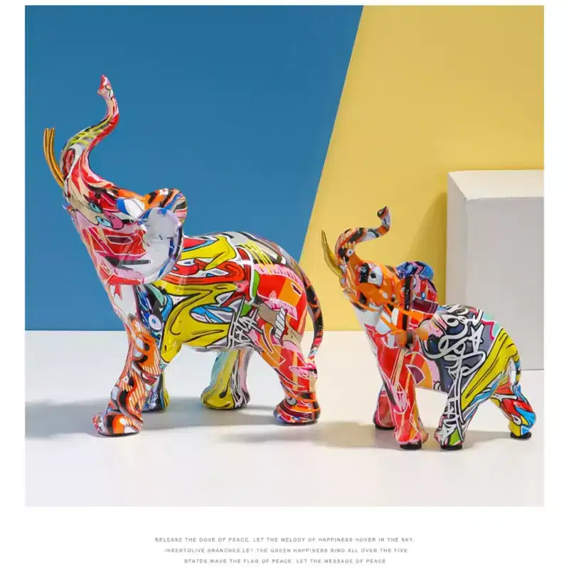 Graffiti Colorful Resin Elephant Figurine - Water Transfer Printed Home Decor for Living Room