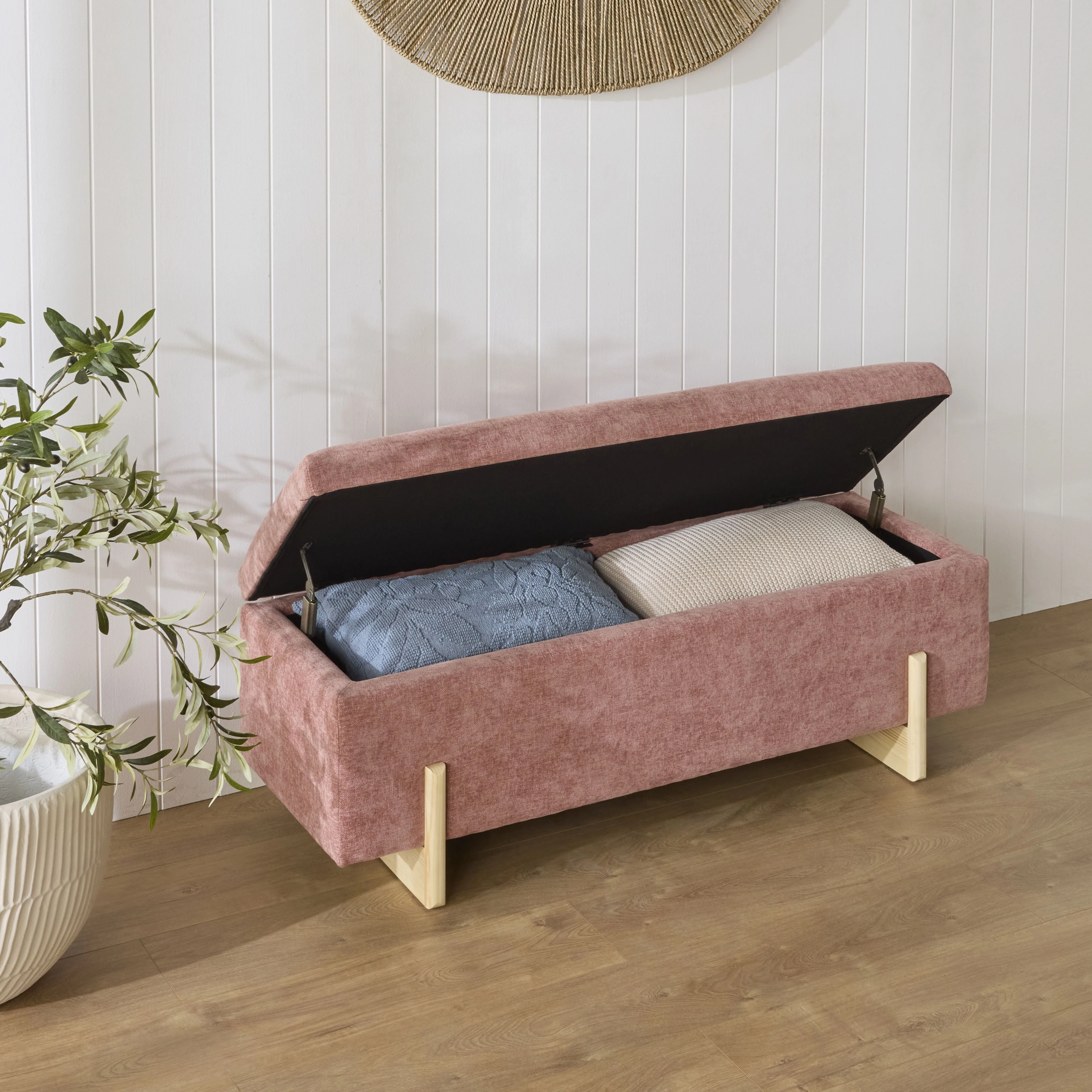 Chenille Storage Bench Rose Pink