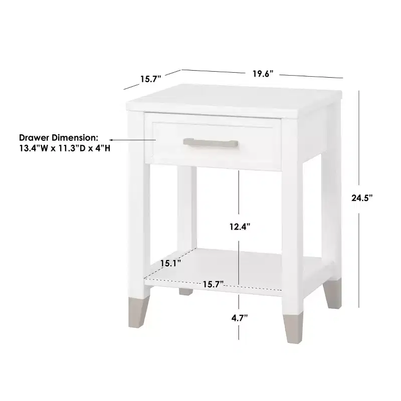 Mid-Century Style End Table with Storage Drawer and Lower Shelf, White