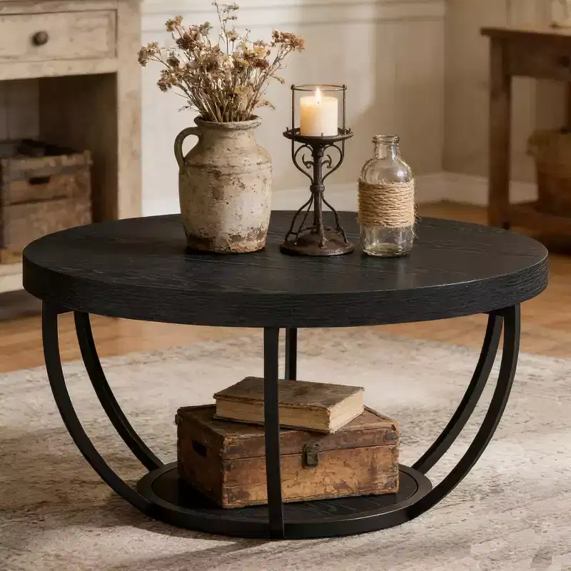 Round Coffee Table, 32 Circle Coffee Table for Living Room, Modern 2-Tier Wood Accent Center Table with Storage Open Shelves, Black