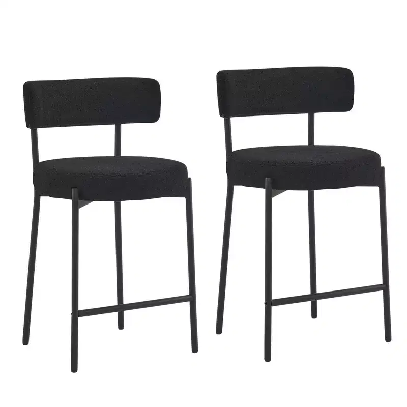 24 Modern Boucle Fabric Counter Height Stools, 2-Pack, Mid Back and Metal Frame for Kitchen Island, Dining Room