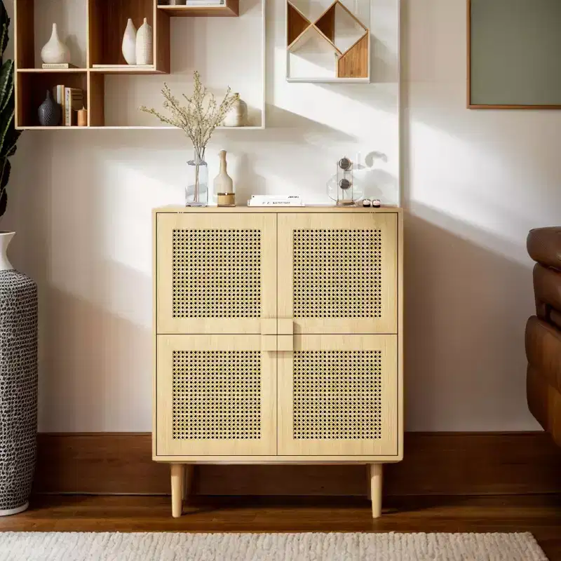 Okak Rattan Mesh Sideboard Cabinet, Bufft Cabinet with 4 Doors and 8 Shelves, Storage Cabinet for Living Room, Dining Room, Kitchen