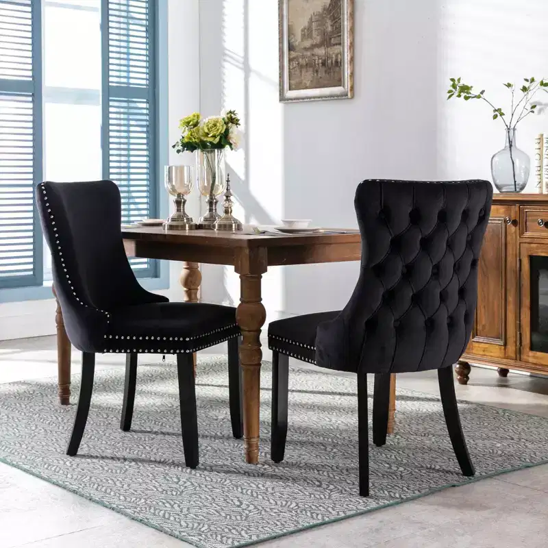 Okak Retro Dining Chairs Set of 2, Comfy Upholstered Wing-Back Chairs with Backstitching Nailhead Trim, Kitchen Chairs with Solid Wood Legs