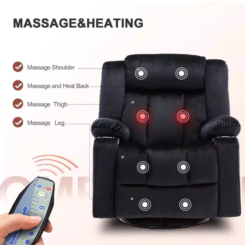 Massage Power Recliner Chair Heated Rocker 360 Swiveling Sofa Black