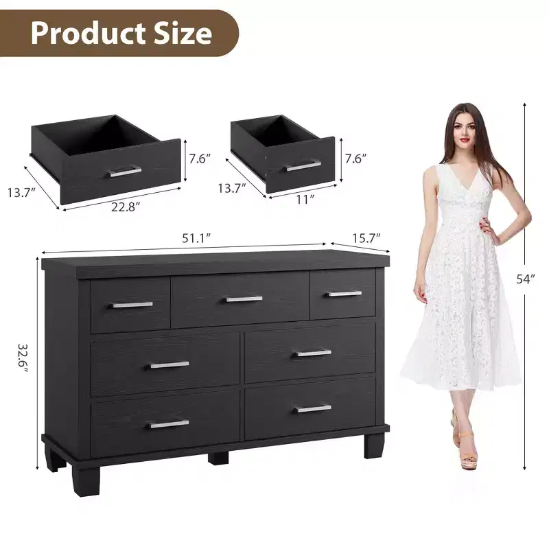 7 Drawers Wood Dresser for Bedroom, 51 Wide Storage Chest of Drawers, Modern Wooden Organizer with Metal Handles for Closet, Living Room