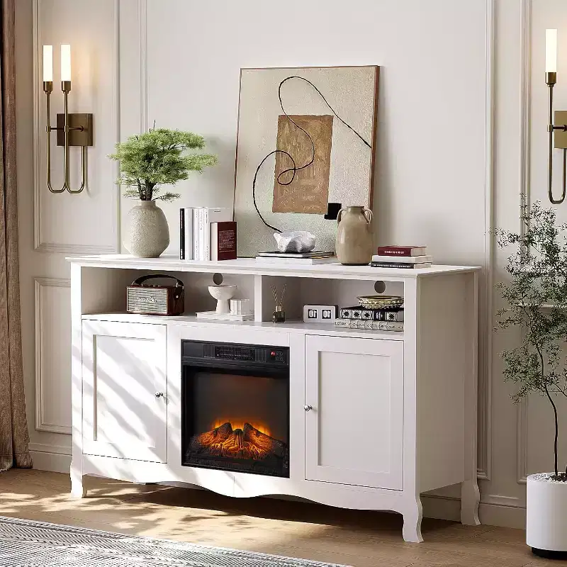 Fireplace TV Stand for up to 70 inch TVs, French Modern Entertainment Center with Electric Fireplace Heater & Curved Legs