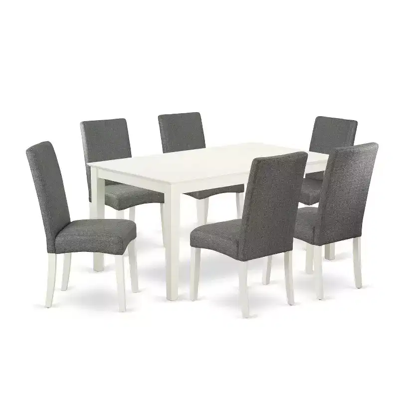 HomeStock 7-Pc Rectangle Linen White Finish Solid Wood Top Dining Table with 6 Parson-Chairs