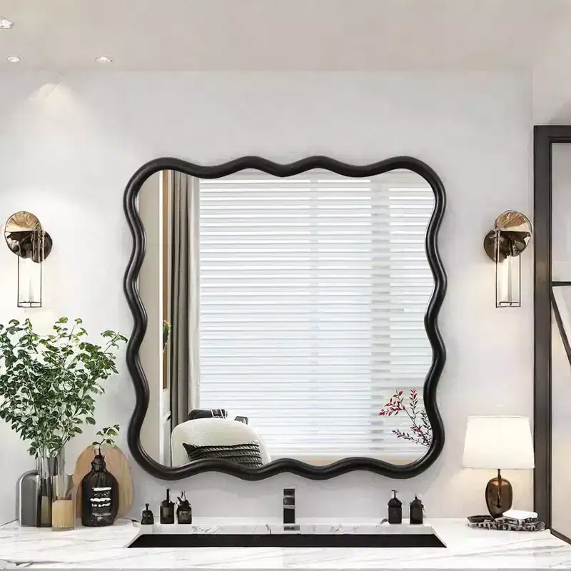 Wavy Wall Mounted Mirror with Wooden Beveled Edge, Hangs Horizontally or Vertically, Ideal for Bathroom, Dressing Table or Living Room Decor