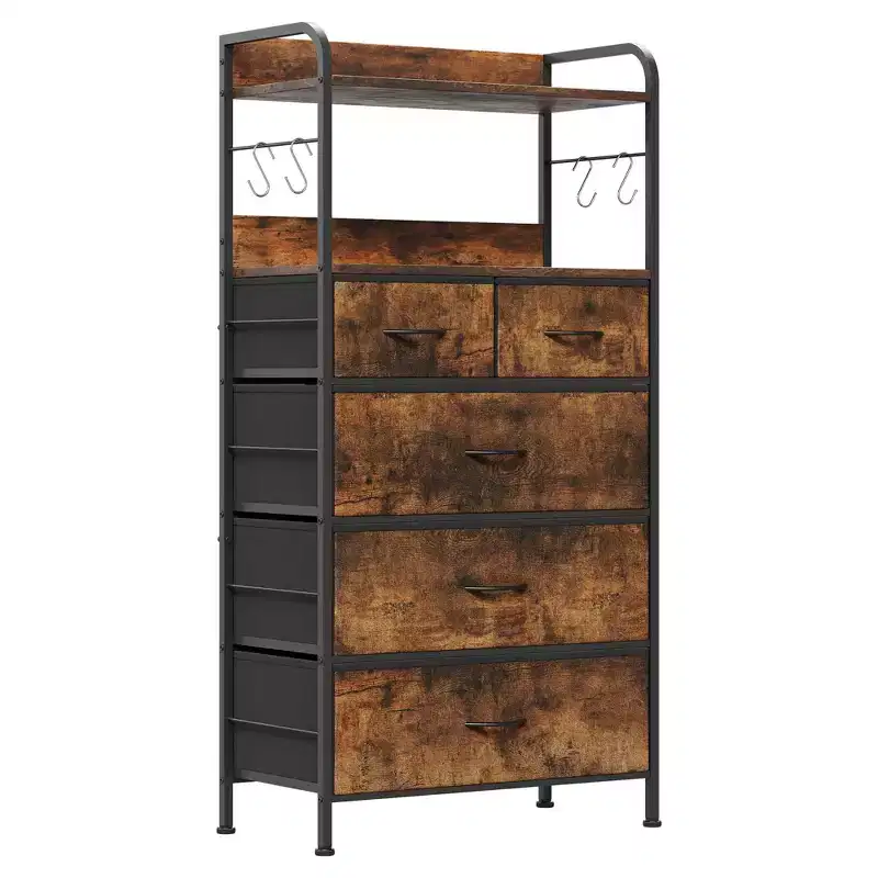 Tall Dresser for Bedroom with 5 Drawers, Vertical Dresser with 2-Tier Open Shelves, Chest of Drawers with Hanging Racks, Small Space