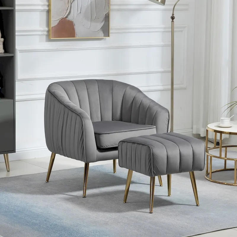 Velvet Tufted Accent Chair with Ottoman - 28.94 x 28.94 x 28.94