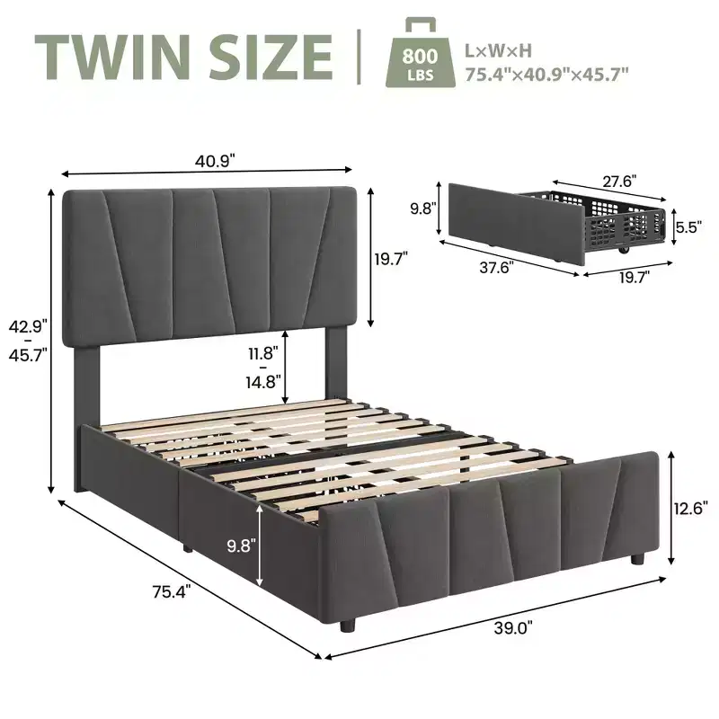 Upholstered Platform Bed Frame with Adjustable Headboard and Multiple Storage Drawers, No Box Spring Needed