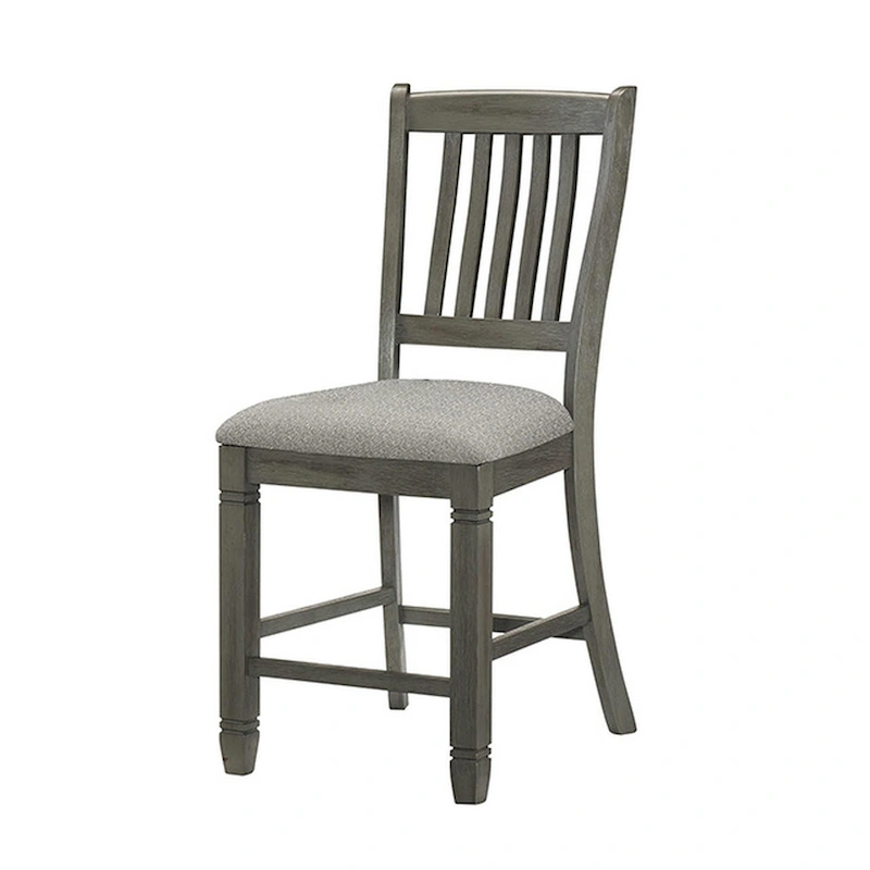 26 Inch Counter Height Chair Set of 2, Slat Back, Gray Wood, Fabric Seat