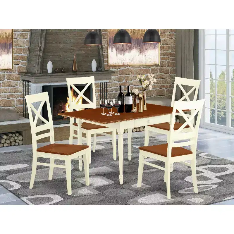 HomeStock Real Wood Dining Table Set Buttermilk Cherry Finish Modern