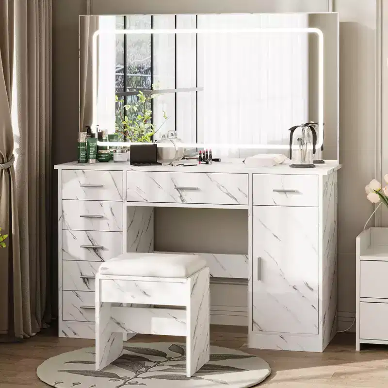 Vanity Desk with Large Mirror and Lights, Makeup Vanity with Power Outlet, 7 Drawers & Cushioned Stool, Dressing Table