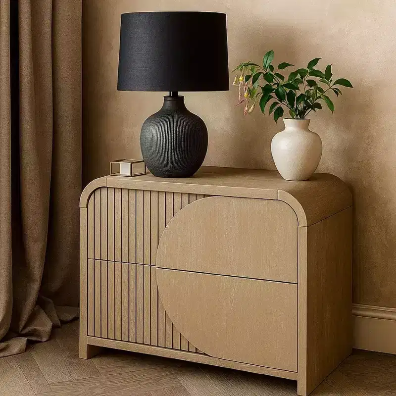 Nightstand with 2 Drawers & Reeded Panels – Natural Brown Solid Rubberwood