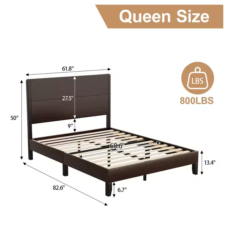 Dyonery Queen/King Size Solid Wood Bed Frame,Rustic Platform Bed with 50 Headboard,Wood Slats Support/Noiseless/No Box Spring Needed/Dark Brown