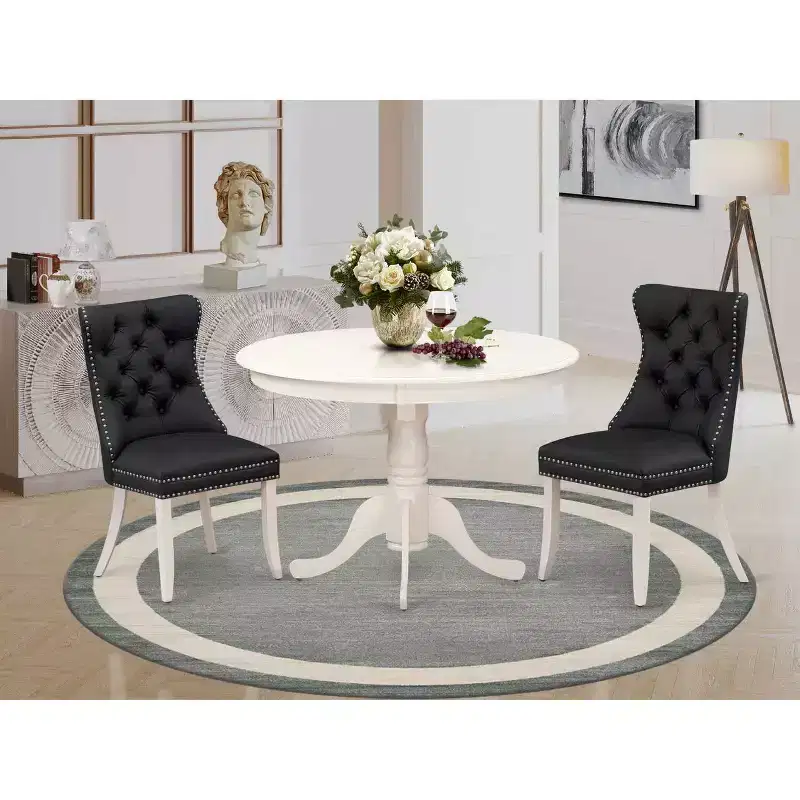 3-Piece Linen White Finish Solid Wood Top-Round Upholstered Dining Room Set-Seats 4