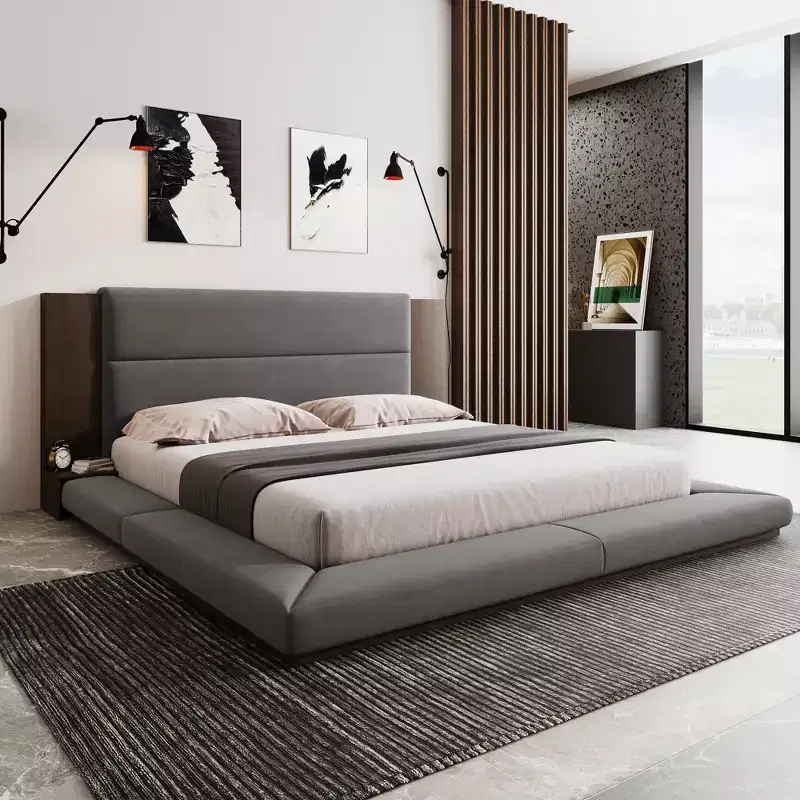Floor Upholstered Platform Bed with Extended Wood Headboard and Built-In Bedside Shelves