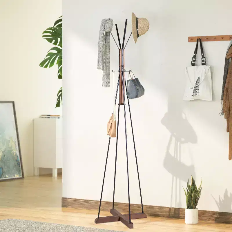Okak Industrail Freestanding Coat Rack with Wooden Cross Base, Unique Storage Rack with 8 Hooks, Coat Tree for Living Room, Bedroom, Natural