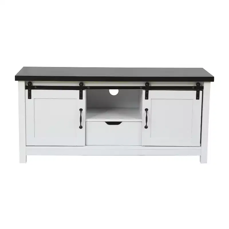 47.3W Farmhouse TV Stands for Living Room with Sliding Barn Door, Media Console with Storage and Drawer White
