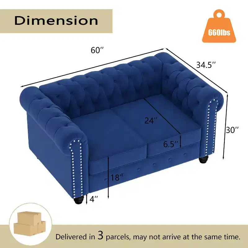60 in. Velvet Blue Couches 2-Seater Loveseat for Living Room Furniture Sets-Morden Fort