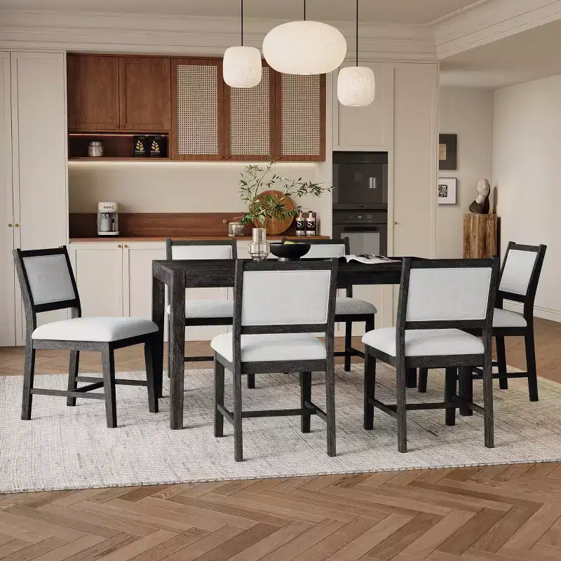 7-Piece Retro Dining Set with Rectangular Table and 6 Upholstered Chairs