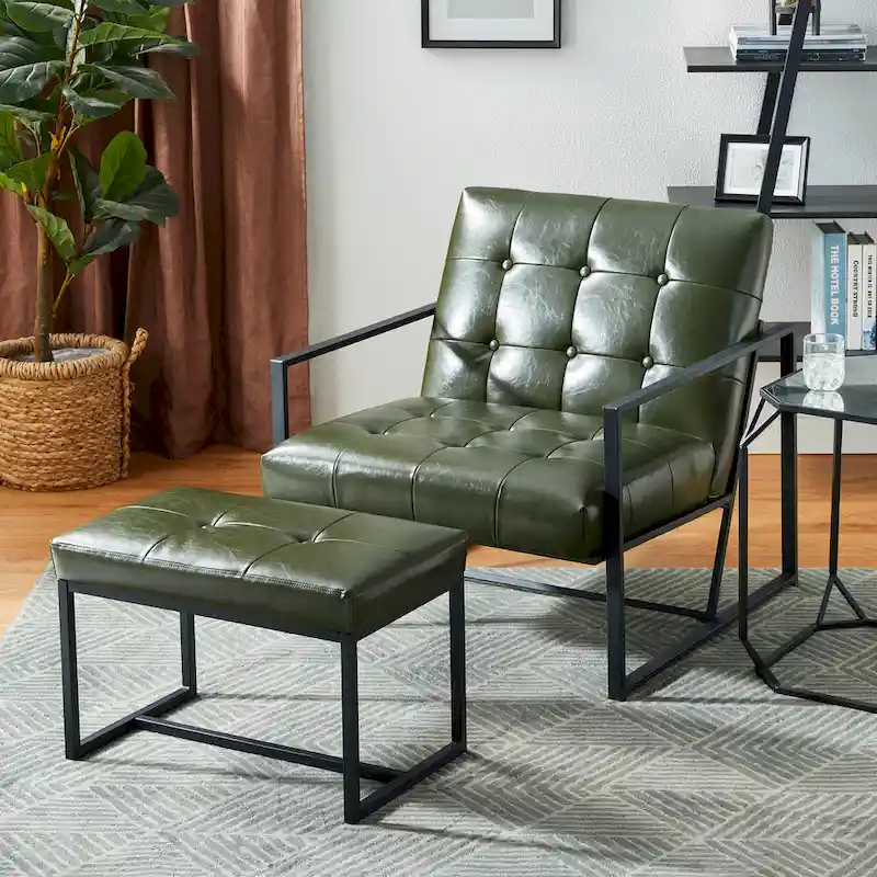 Glitzhome Modern PU Leather Tufted Accent Chair with Ottoman Set