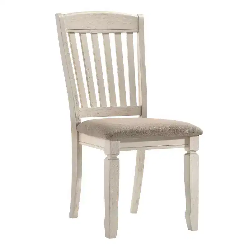 Set of 2 Traditional Dining Side Chairs – Tan Linen, Slatted Back, Cream Wood Frame