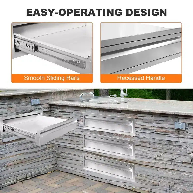 24 Stainless Steel Outdoor Kitchen Drawer  Flush Mount BBQ Island Storage for Grill Station  Silver