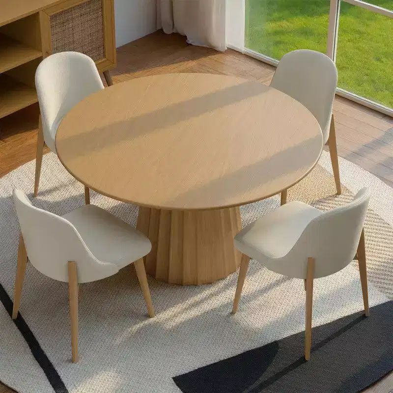 PexFix 46 Modern Round Dining Table Set with 8 Upholstered Chairs Natural Textured Wood Top Pleated Pedestal Base Beige Seats for Kitchen Dining Room