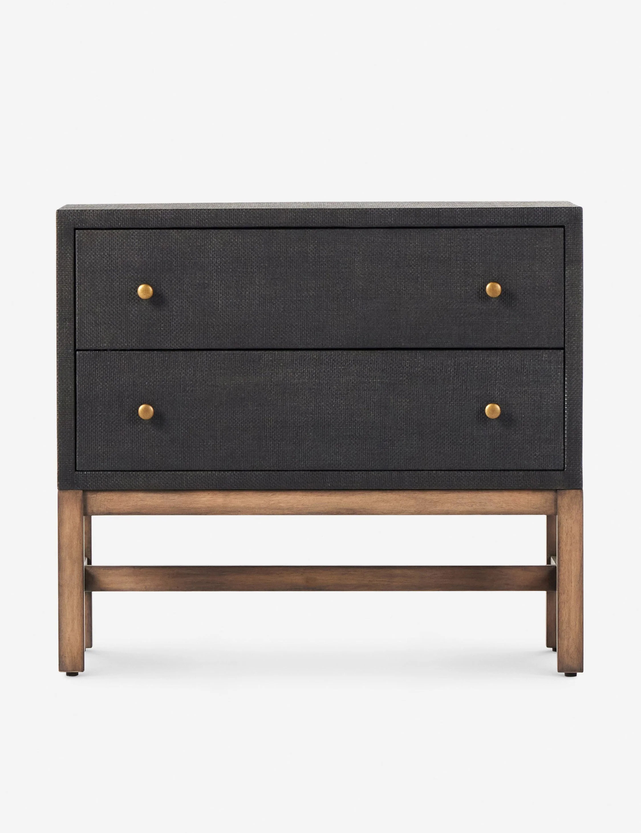 Nightstand This woven raffia nightstand offers textural impact with a clean, linear silhouette. The two-tone finish of the black raffia against