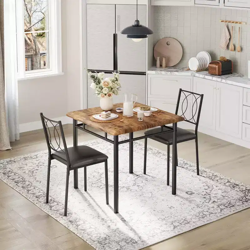 Farmhouse Dining Table Set for 2 - Dining Table with Upholstered Chairs, Wood Kitchen Table Set, Space-Saving Apartment
