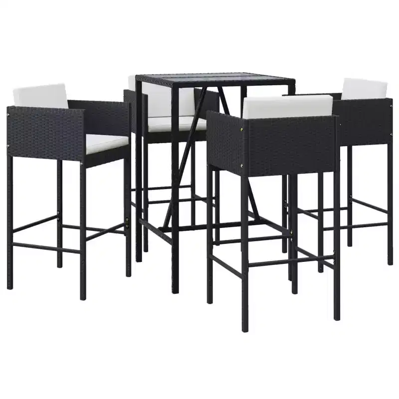 vidaXL Patio Bar Set with Cushions Table and Stool Outdoor Black Poly Rattan