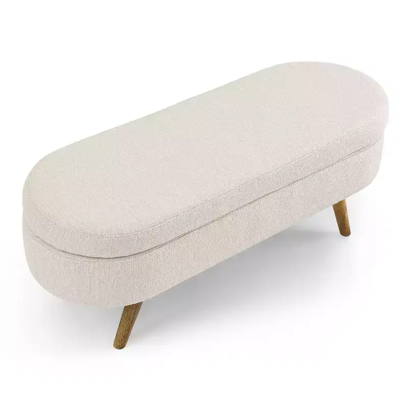 Zeus & Ruta Oval Fabric Storage Ottoman Bench with Rubber Wood Legs