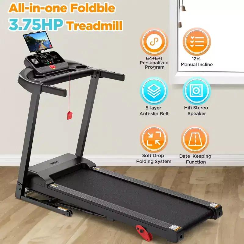 Electric Folding 3.75HP Treadmill for Home w/ Incline&APP,7.5MPH Speed,301lbs,HiFi Bluetooth Speakers,Foldable Treadmill Walking Running Machine