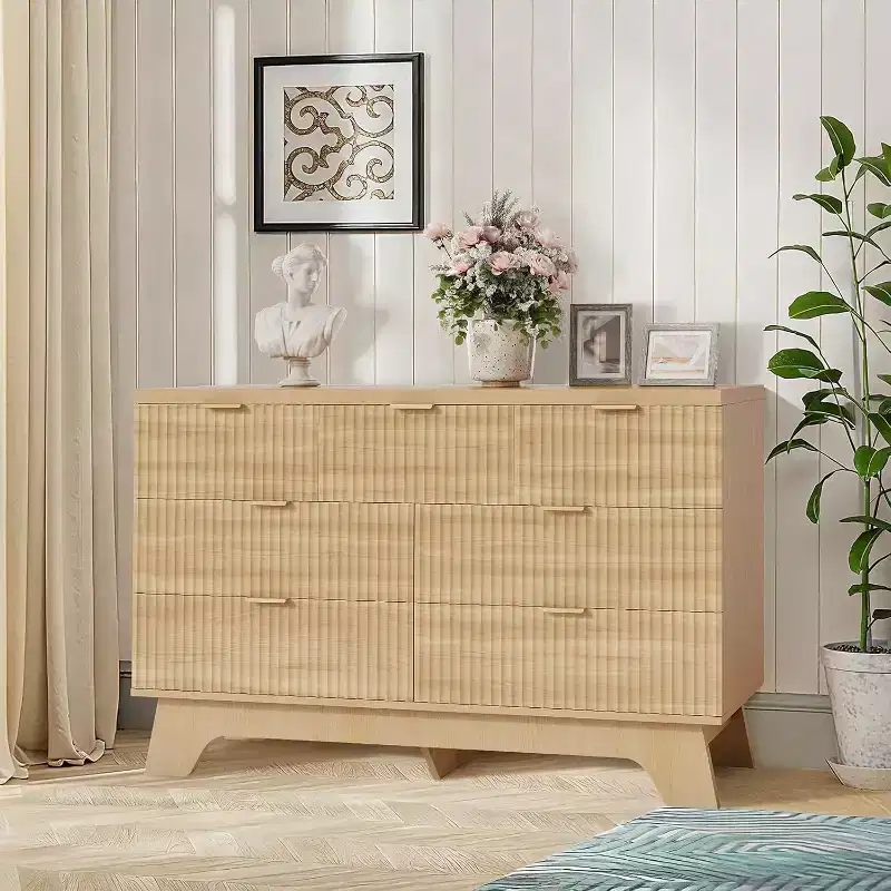8 Drawer Fluted Dresser Natural Oak Curved Storage Cabinet for Bedroom Living Room Entryway