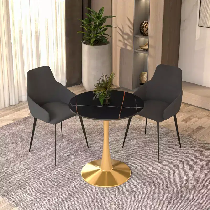 LeisureMod Bristol 24 Round Dining Table  Sintered Stone Top Accent Caf Table & Sturdy Steel Gold Pedestal Base for Kitchen and Small Spaces