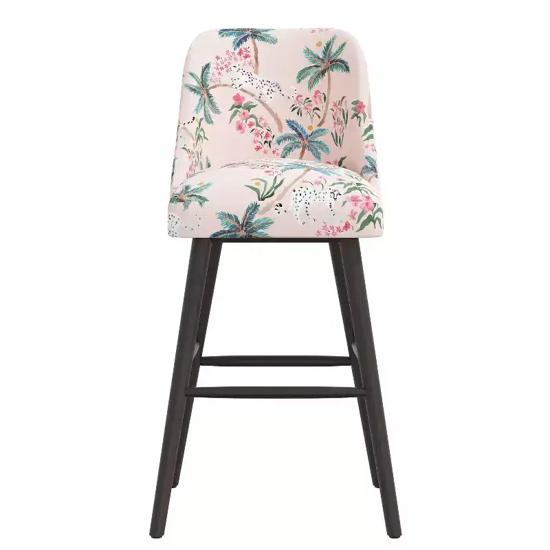 Rounded Back Upholstered Barstool in Pattern Fabric