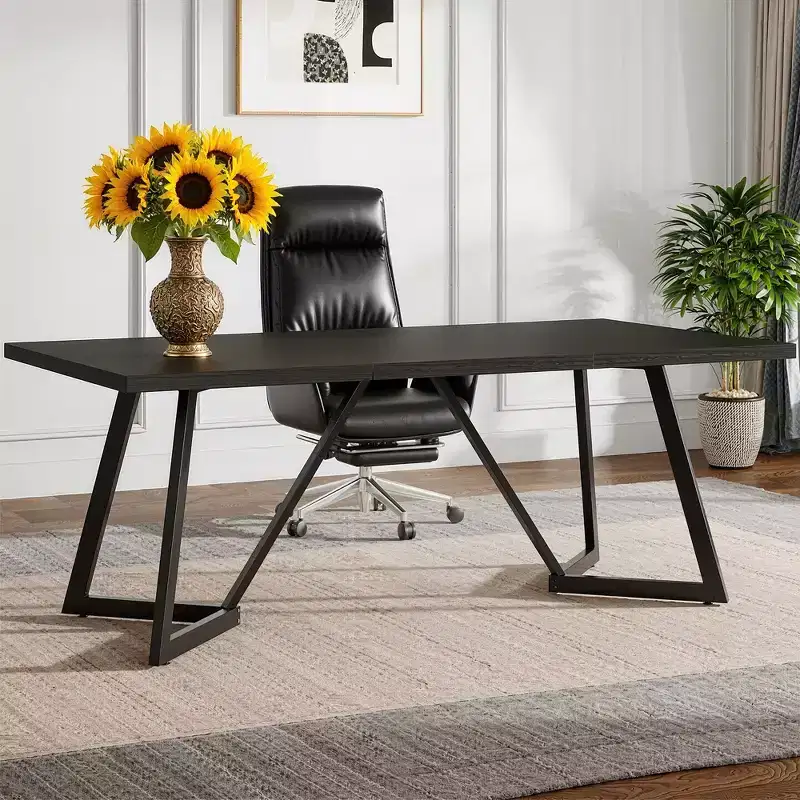 70.96 Inch Modern Dining Table Black Brown Wood Grain MDF Top Metal Iron Legs