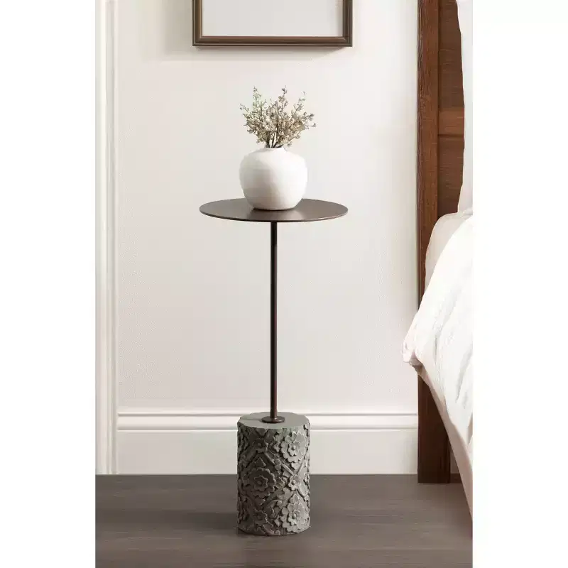 Carved Wood and Metal Drink Table 10x10x22 Green